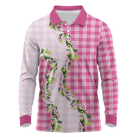 Pink Hawaii Palaka Long Sleeve Polo Shirt Maile Pikake Honohono Orchid Lei