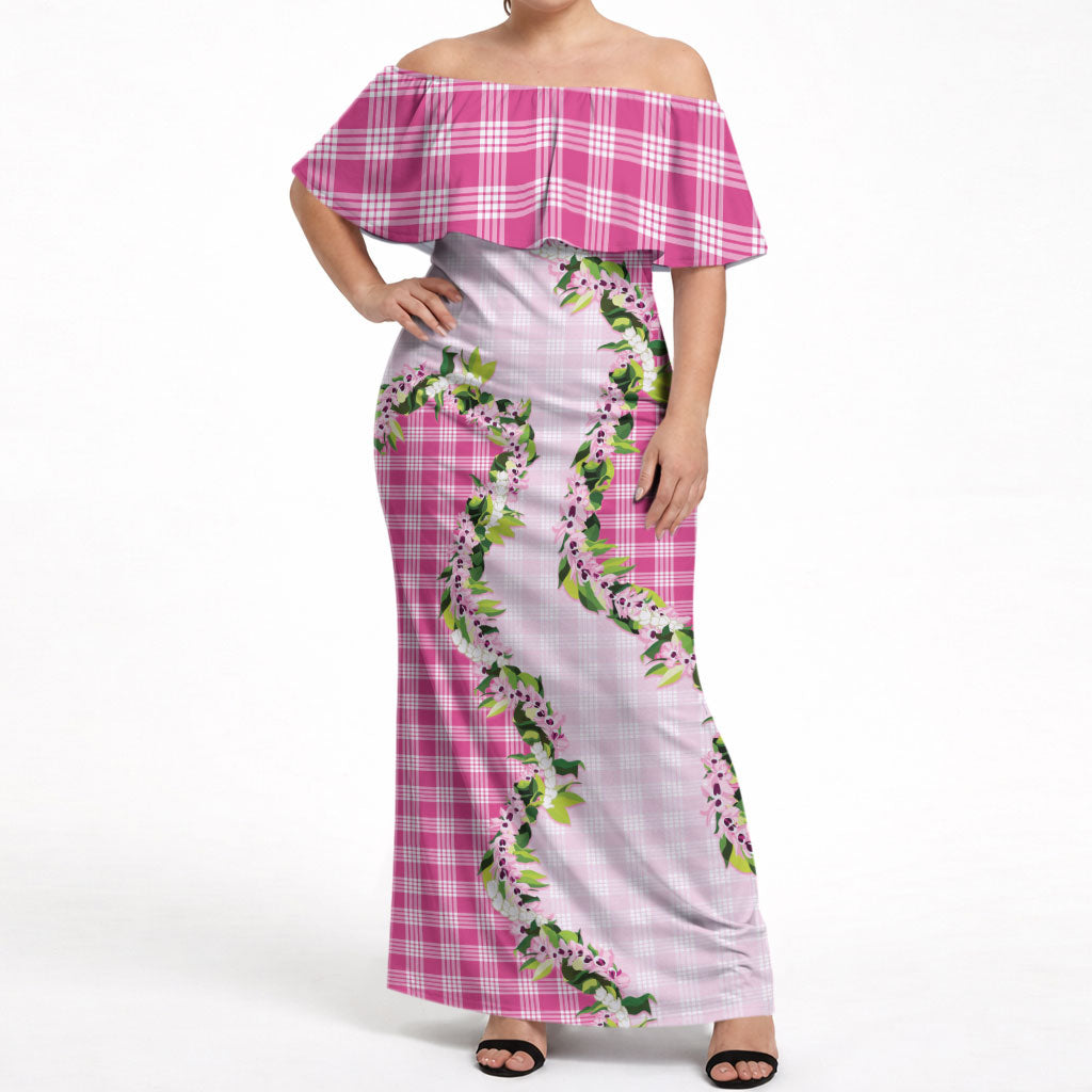 Pink Hawaii Palaka Off Shoulder Maxi Dress Maile Pikake Honohono Orchid Lei LT05 Women Pink - Polynesian Pride
