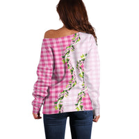 Pink Hawaii Palaka Off Shoulder Sweater Maile Pikake Honohono Orchid Lei