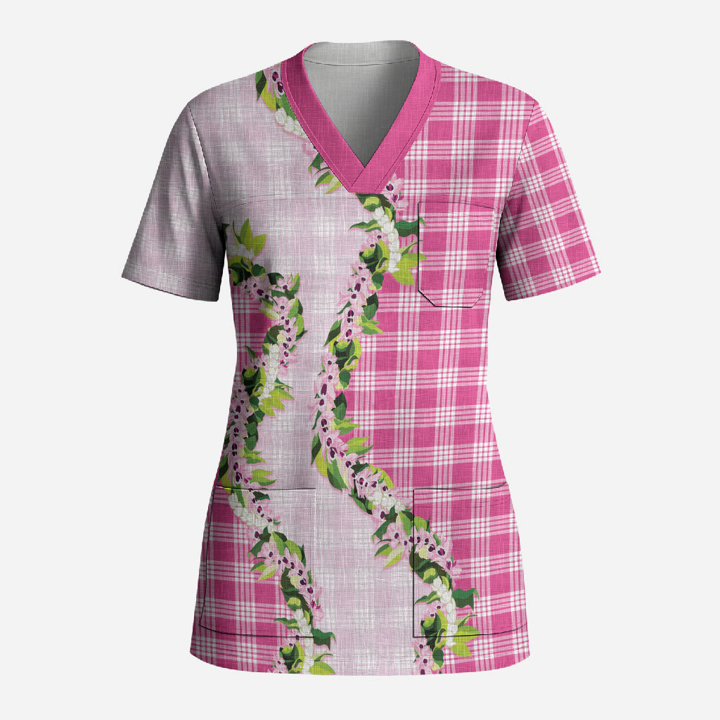 Pink Hawaii Palaka Scrub Top Maile Pikake Honohono Orchid Lei
