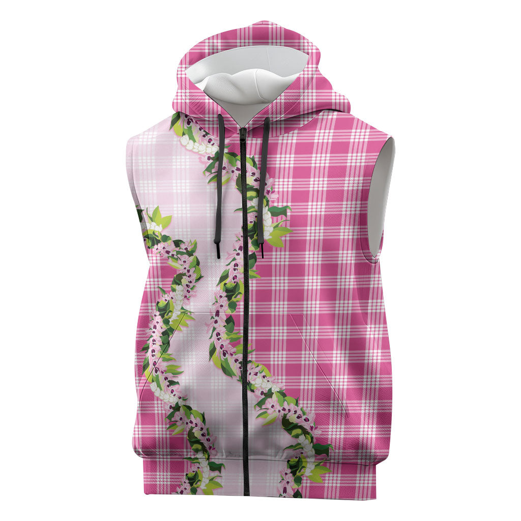 Pink Hawaii Palaka Sleeveless Zip Hoodie Maile Pikake Honohono Orchid Lei