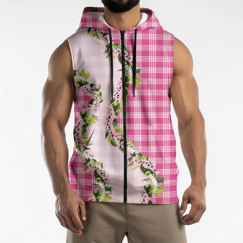 Pink Hawaii Palaka Sleeveless Zip Hoodie Maile Pikake Honohono Orchid Lei