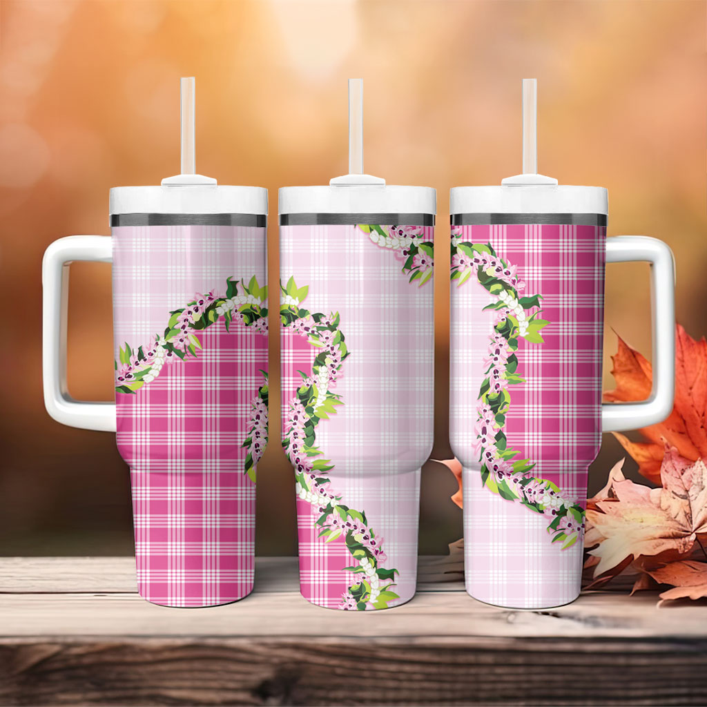 Pink Hawaii Palaka Tumbler With Handle Maile Pikake Honohono Orchid Lei