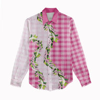 Pink Hawaii Palaka Women Casual Shirt Maile Pikake Honohono Orchid Lei