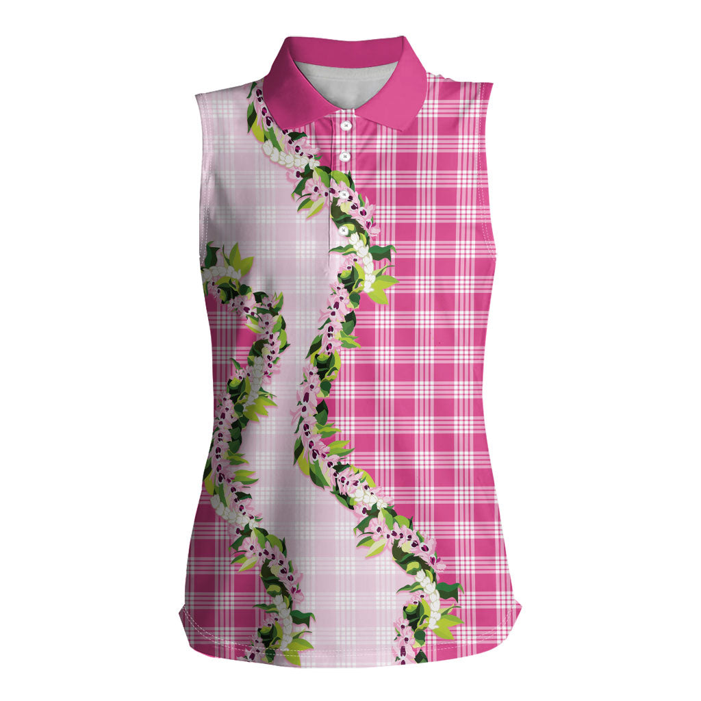 Pink Hawaii Palaka Women Sleeveless Polo Shirt Maile Pikake Honohono Orchid Lei