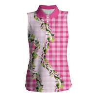 Pink Hawaii Palaka Women Sleeveless Polo Shirt Maile Pikake Honohono Orchid Lei
