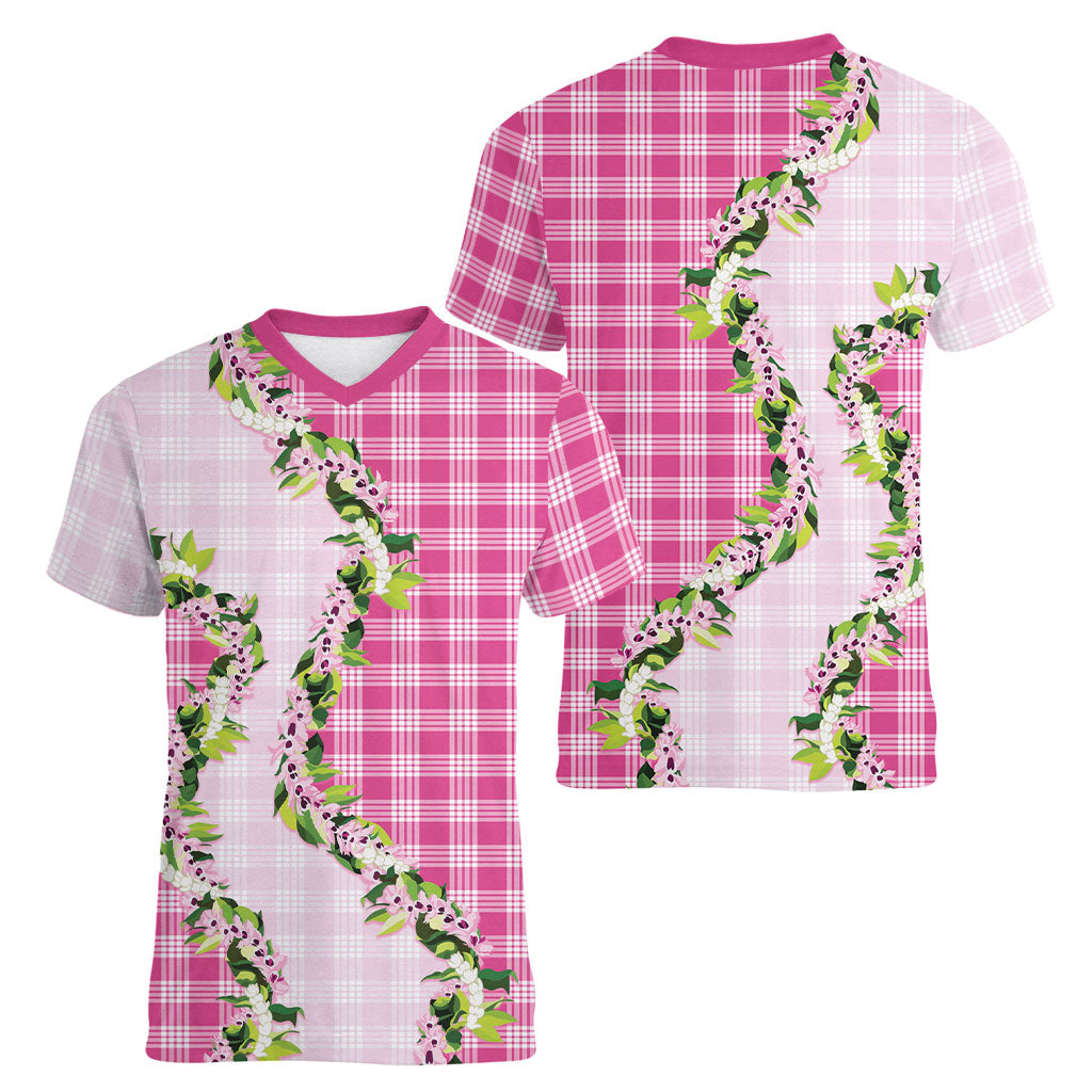 Pink Hawaii Palaka Women V-Neck T-Shirt Maile Pikake Honohono Orchid Lei