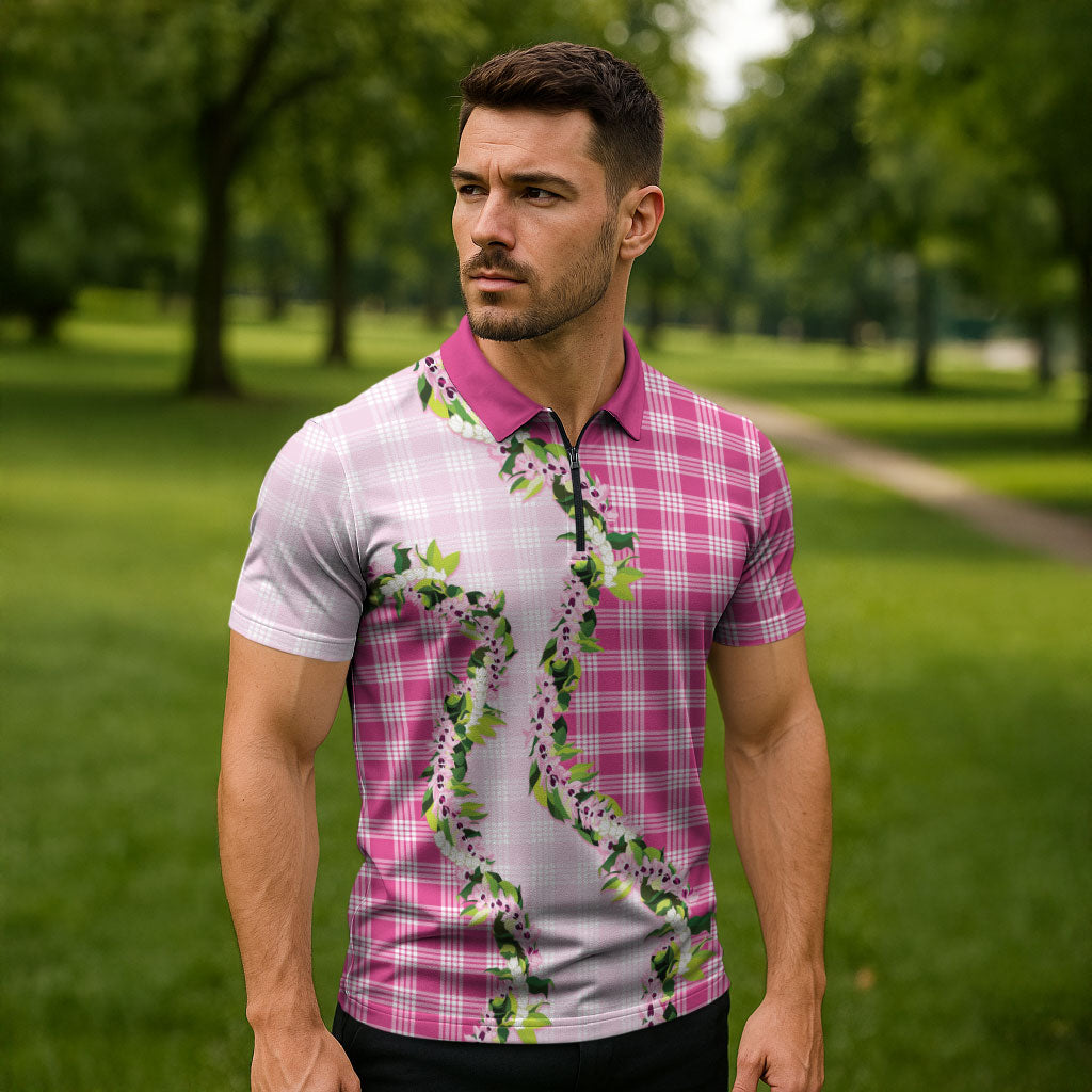 Pink Hawaii Palaka Zipper Polo Shirt Maile Pikake Honohono Orchid Lei