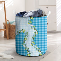 Blue Hawaii Palaka Laundry Basket Maile Pikake Honohono Orchid Lei LT05 Blue - Polynesian Pride