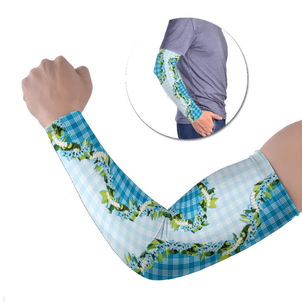 Blue Hawaii Palaka Arm Sleeves Maile Pikake Honohono Orchid Lei