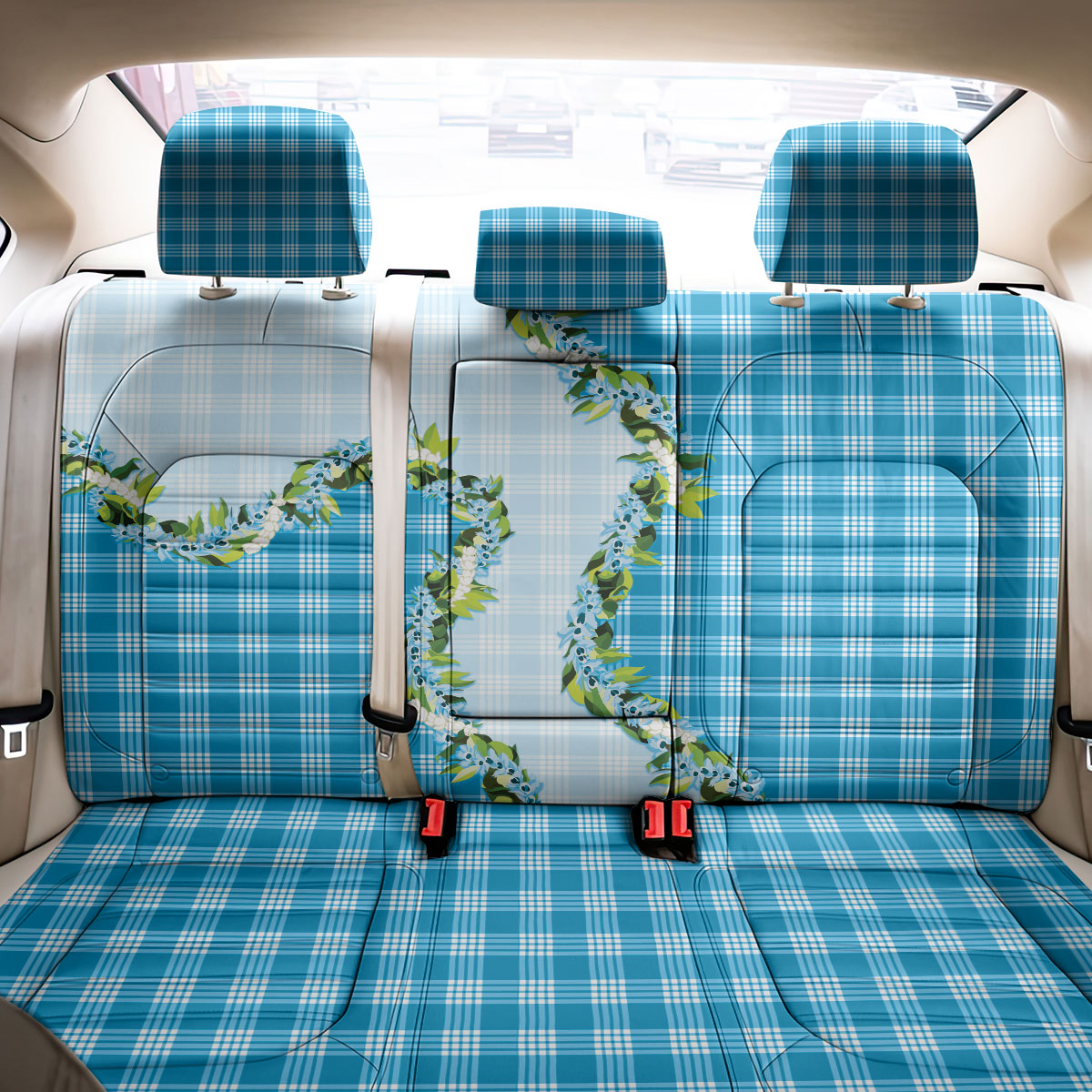 Blue Hawaii Palaka Back Car Seat Cover Maile Pikake Honohono Orchid Lei