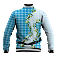 Blue Hawaii Palaka Baseball Jacket Maile Pikake Honohono Orchid Lei