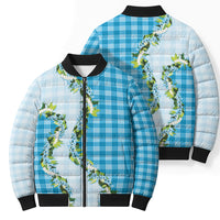 Blue Hawaii Palaka Bomber Puffer Jacket Maile Pikake Honohono Orchid Lei