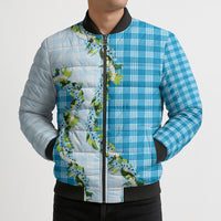 Blue Hawaii Palaka Bomber Puffer Jacket Maile Pikake Honohono Orchid Lei