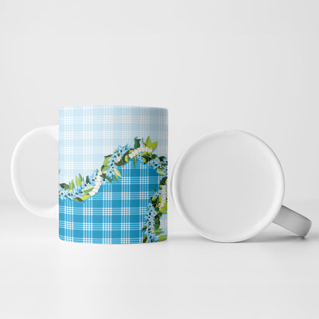 Blue Hawaii Palaka Ceramic Mug Maile Pikake Honohono Orchid Lei