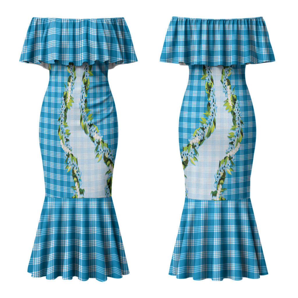 Blue Hawaii Palaka Couples Matching Mermaid Dress and Hawaiian Shirt Maile Pikake Honohono Orchid Lei LT05 - Polynesian Pride