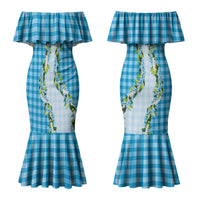 Blue Hawaii Palaka Couples Matching Mermaid Dress and Hawaiian Shirt Maile Pikake Honohono Orchid Lei LT05 - Polynesian Pride