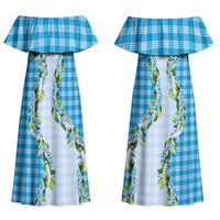 Blue Hawaii Palaka Couples Matching Off Shoulder Maxi Dress and Hawaiian Shirt Maile Pikake Honohono Orchid Lei LT05 - Polynesian Pride