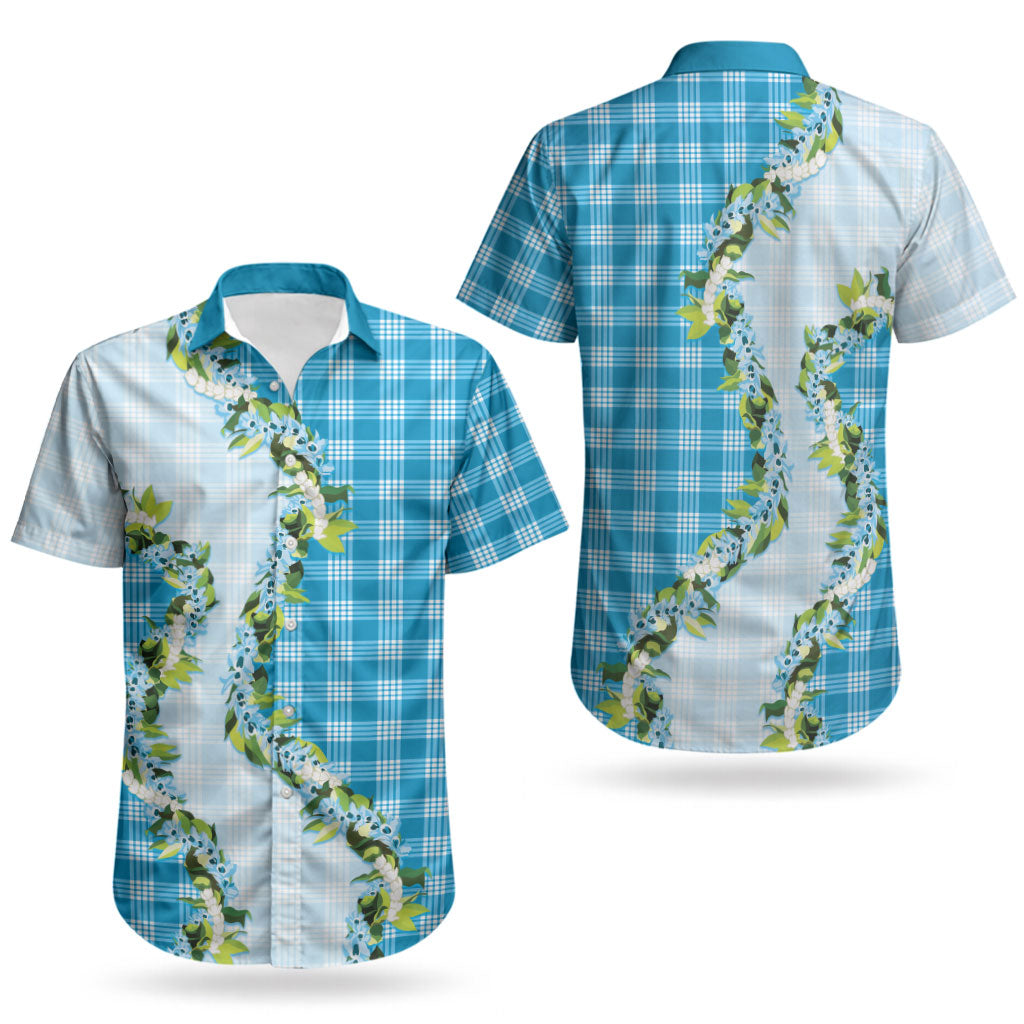 Blue Hawaii Palaka Couples Matching Off Shoulder Short Dress and Hawaiian Shirt Maile Pikake Honohono Orchid Lei LT05 - Polynesian Pride