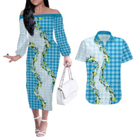 Blue Hawaii Palaka Couples Matching Off The Shoulder Long Sleeve Dress and Hawaiian Shirt Maile Pikake Honohono Orchid Lei