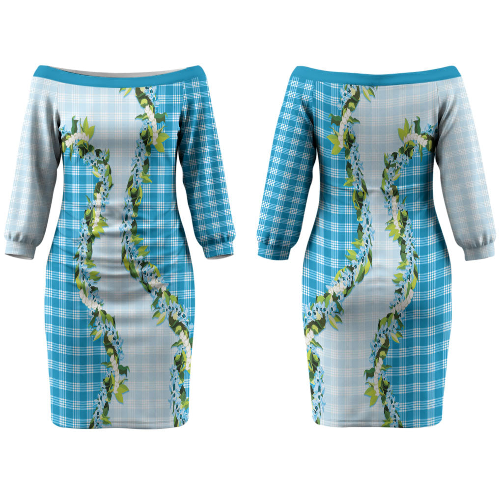 Blue Hawaii Palaka Couples Matching Off The Shoulder Long Sleeve Dress and Hawaiian Shirt Maile Pikake Honohono Orchid Lei LT05 - Polynesian Pride