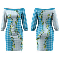 Blue Hawaii Palaka Couples Matching Off The Shoulder Long Sleeve Dress and Long Sleeve Button Shirt Maile Pikake Honohono Orchid Lei LT05 - Polynesian Pride