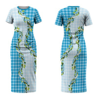 Blue Hawaii Palaka Couples Matching Short Sleeve Bodycon Dress and Long Sleeve Button Shirt Maile Pikake Honohono Orchid Lei LT05 - Polynesian Pride