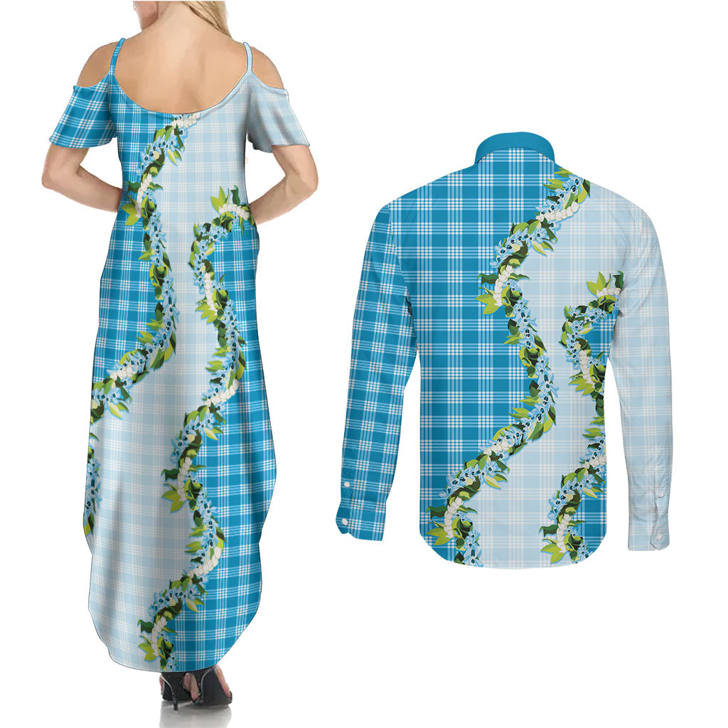 Blue Hawaii Palaka Couples Matching Summer Maxi Dress and Long Sleeve Button Shirt Maile Pikake Honohono Orchid Lei