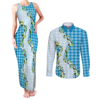 Blue Hawaii Palaka Couples Matching Tank Maxi Dress and Long Sleeve Button Shirt Maile Pikake Honohono Orchid Lei