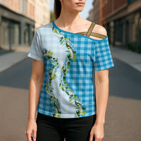 Blue Hawaii Palaka Cross Shoulder Shirt Maile Pikake Honohono Orchid Lei