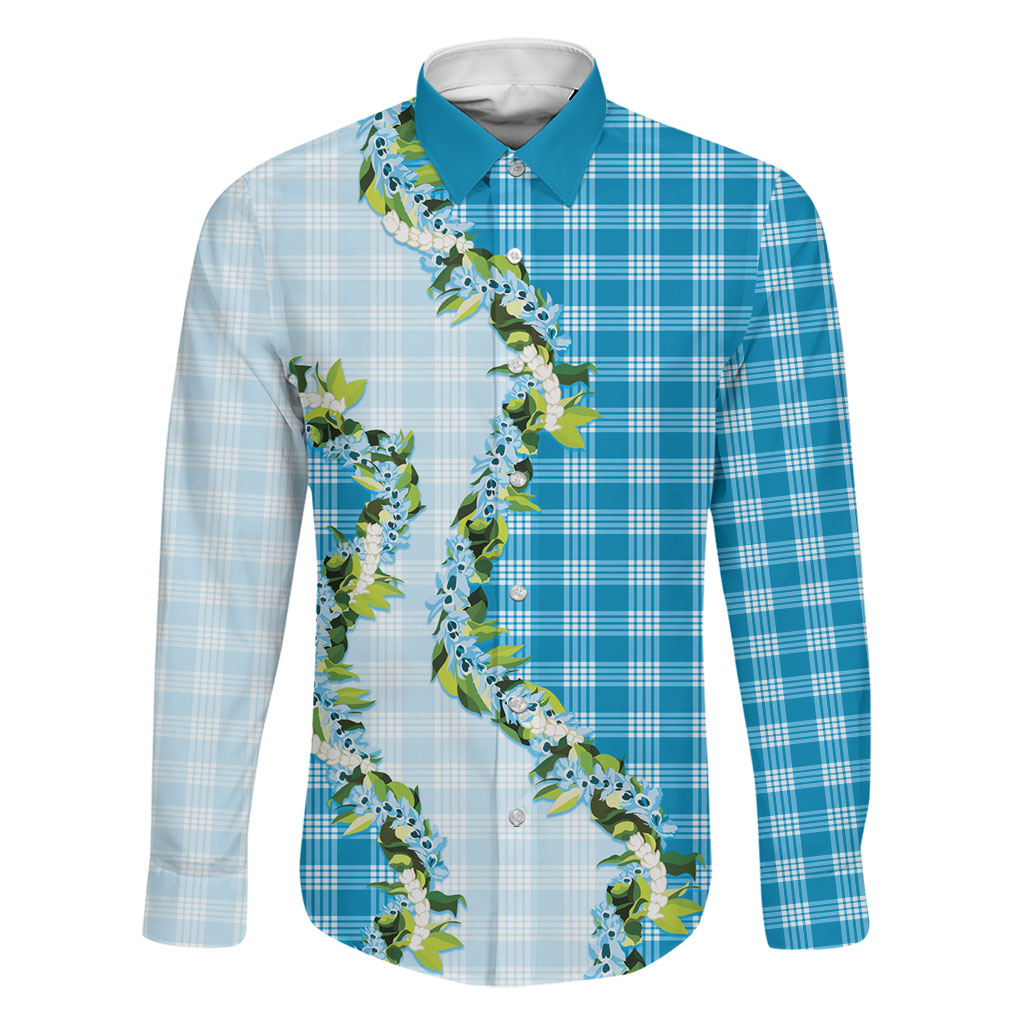 Blue Hawaii Palaka Family Matching Long Sleeve Bodycon Dress and Hawaiian Shirt Maile Pikake Honohono Orchid Lei