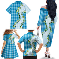 Blue Hawaii Palaka Family Matching Off The Shoulder Long Sleeve Dress and Hawaiian Shirt Maile Pikake Honohono Orchid Lei