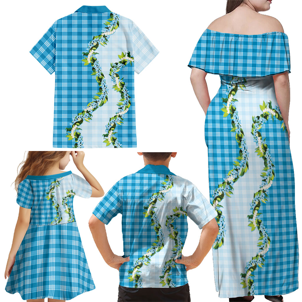 Blue Hawaii Palaka Family Matching Off Shoulder Maxi Dress and Hawaiian Shirt Maile Pikake Honohono Orchid Lei