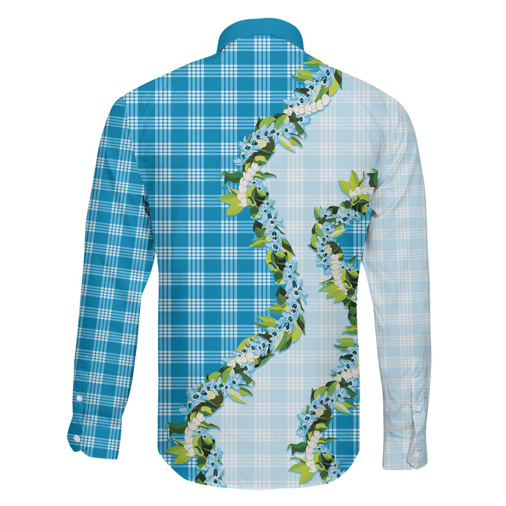 Blue Hawaii Palaka Family Matching Off Shoulder Maxi Dress and Hawaiian Shirt Maile Pikake Honohono Orchid Lei