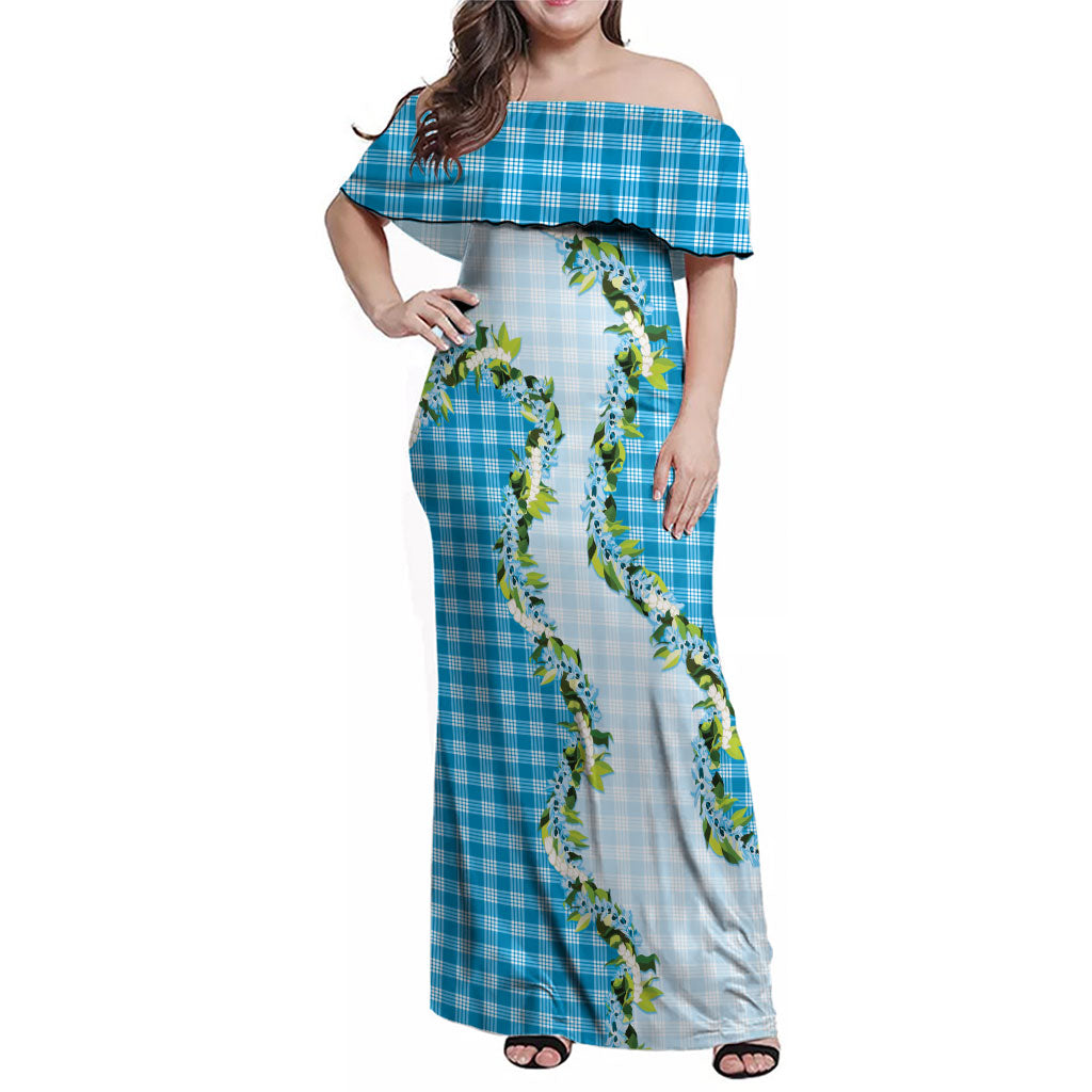 Blue Hawaii Palaka Family Matching Off Shoulder Maxi Dress and Hawaiian Shirt Maile Pikake Honohono Orchid Lei