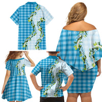 Blue Hawaii Palaka Family Matching Off Shoulder Short Dress and Hawaiian Shirt Maile Pikake Honohono Orchid Lei