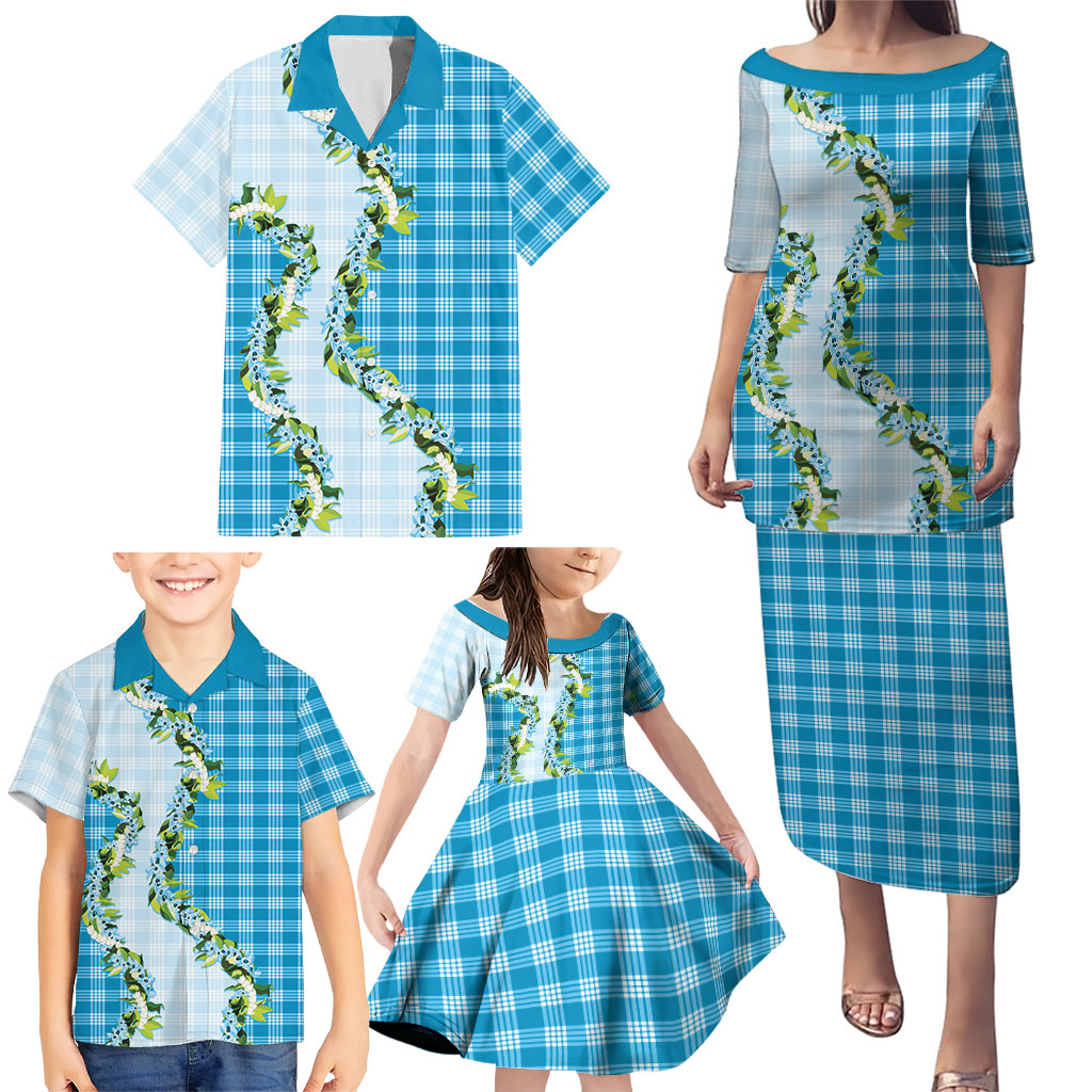Blue Hawaii Palaka Family Matching Puletasi and Hawaiian Shirt Maile Pikake Honohono Orchid Lei