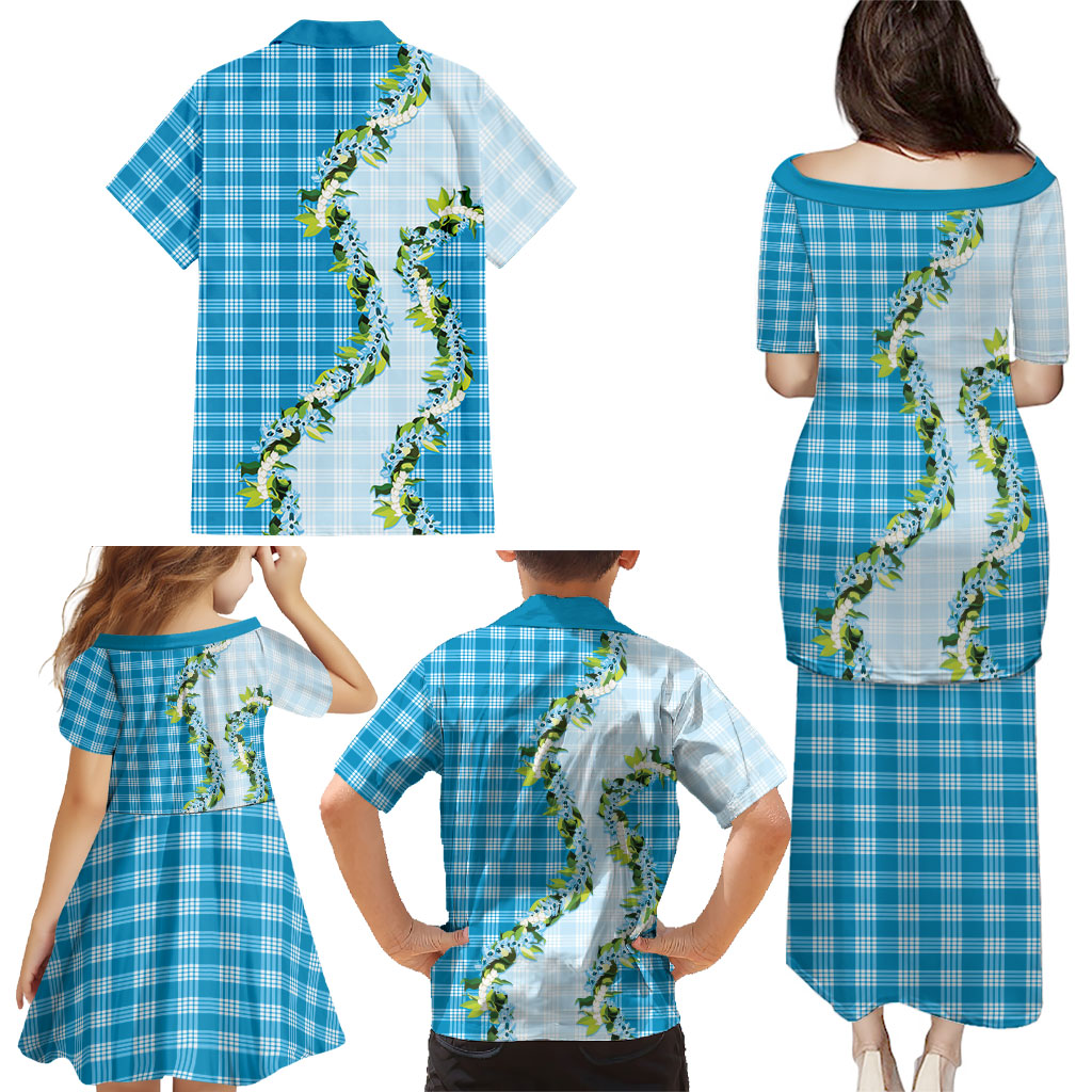 Blue Hawaii Palaka Family Matching Puletasi and Hawaiian Shirt Maile Pikake Honohono Orchid Lei