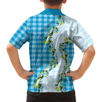 Blue Hawaii Palaka Family Matching Short Sleeve Bodycon Dress and Hawaiian Shirt Maile Pikake Honohono Orchid Lei