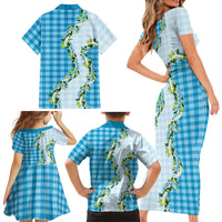 Blue Hawaii Palaka Family Matching Short Sleeve Bodycon Dress and Hawaiian Shirt Maile Pikake Honohono Orchid Lei