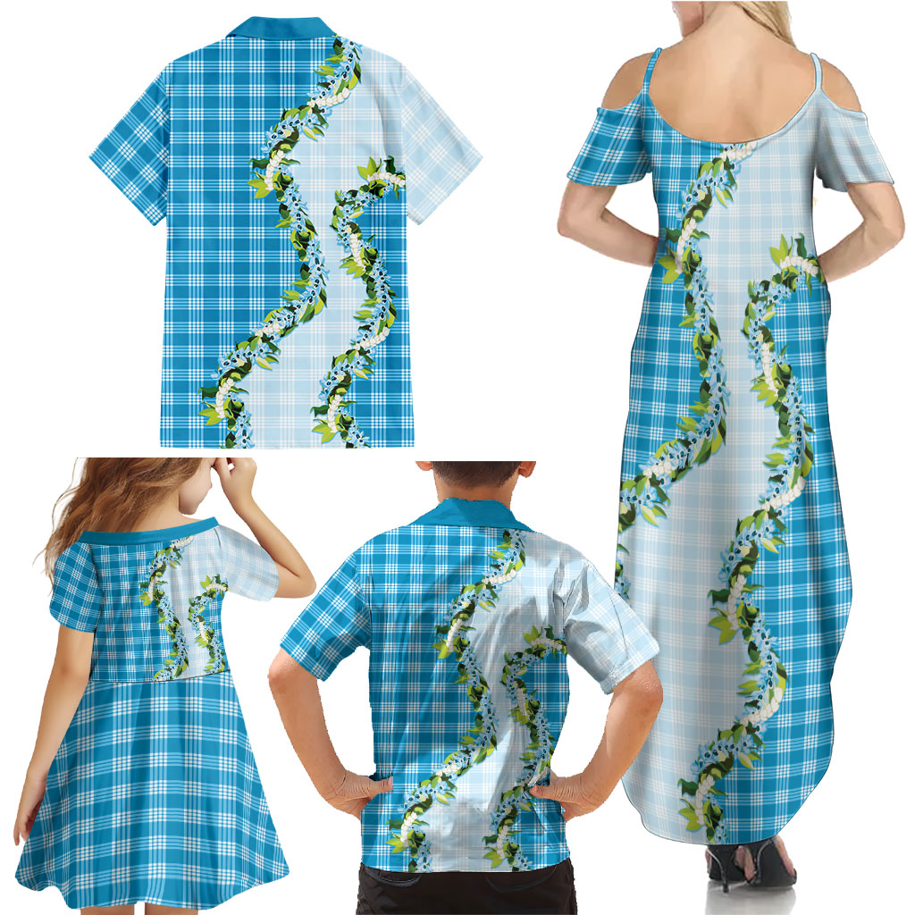 Blue Hawaii Palaka Family Matching Summer Maxi Dress and Hawaiian Shirt Maile Pikake Honohono Orchid Lei