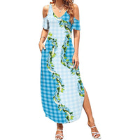 Blue Hawaii Palaka Family Matching Summer Maxi Dress and Hawaiian Shirt Maile Pikake Honohono Orchid Lei