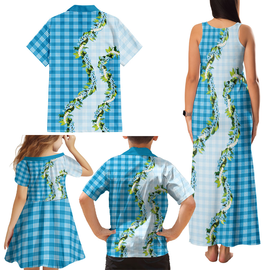 Blue Hawaii Palaka Family Matching Tank Maxi Dress and Hawaiian Shirt Maile Pikake Honohono Orchid Lei