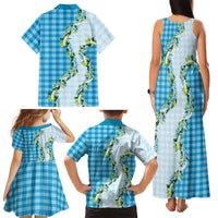 Blue Hawaii Palaka Family Matching Tank Maxi Dress and Hawaiian Shirt Maile Pikake Honohono Orchid Lei