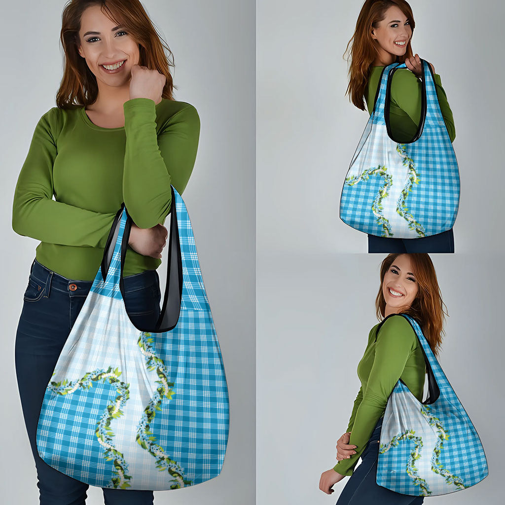 Blue Hawaii Palaka Grocery Bag Maile Pikake Honohono Orchid Lei