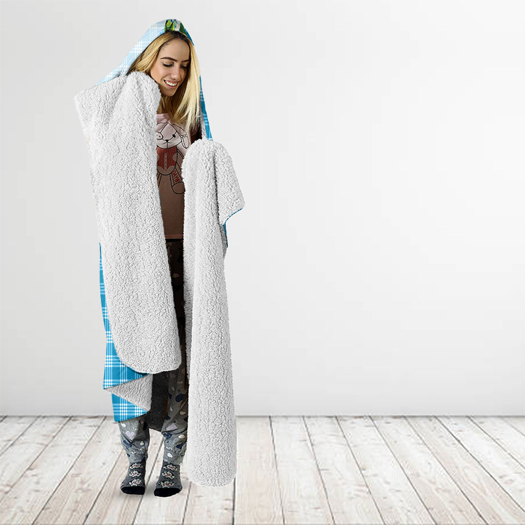 Blue Hawaii Palaka Hooded Blanket Maile Pikake Honohono Orchid Lei