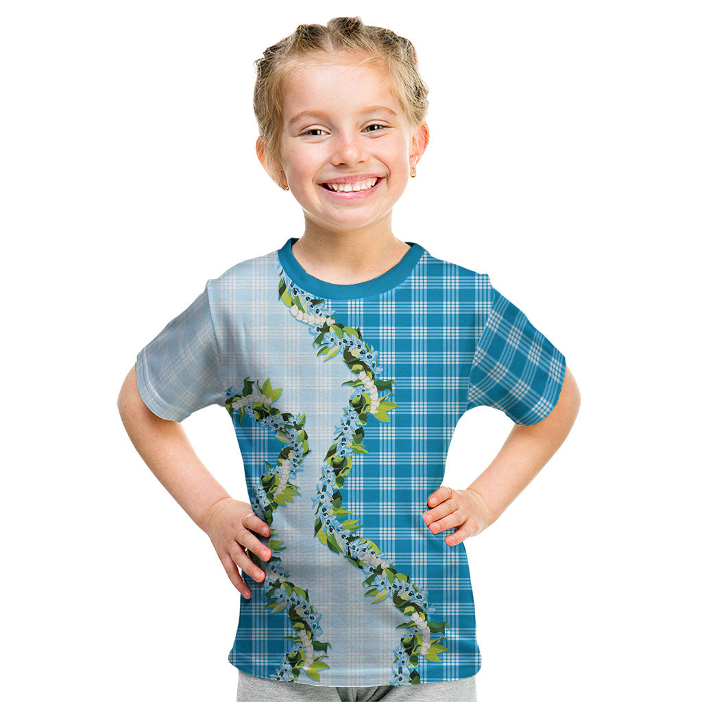 Blue Hawaii Palaka Kid T Shirt Maile Pikake Honohono Orchid Lei