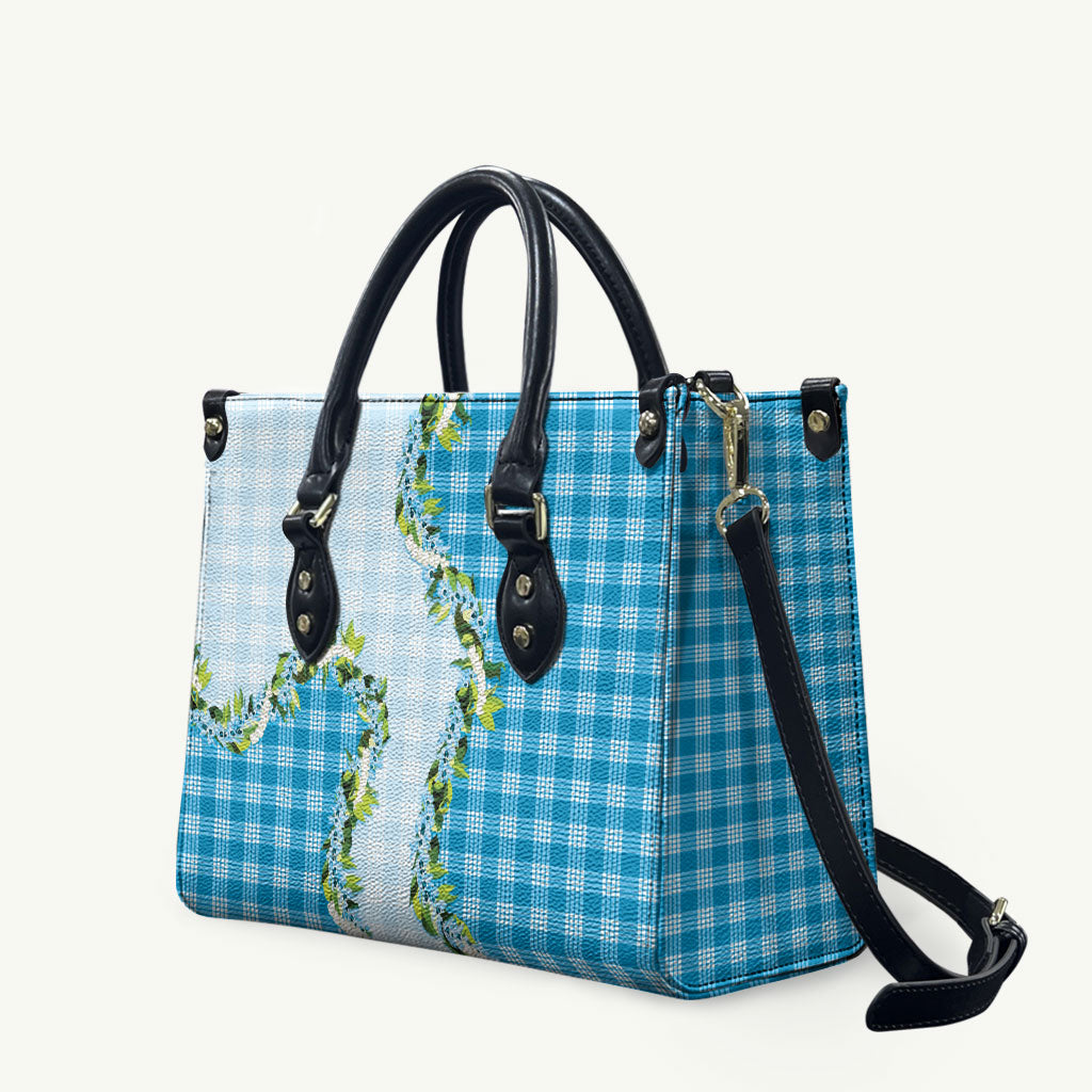 Blue Hawaii Palaka Leather Bag Maile Pikake Honohono Orchid Lei