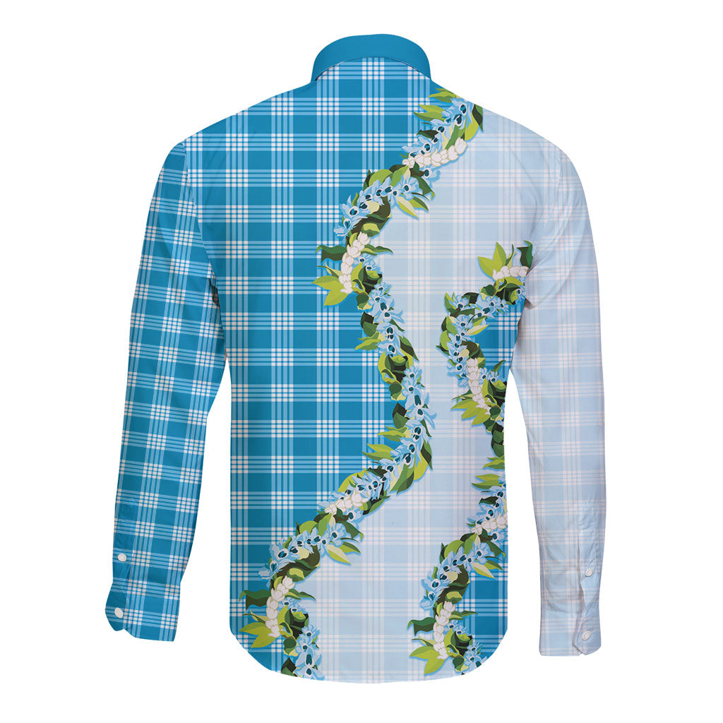 Blue Hawaii Palaka Long Sleeve Button Shirt Maile Pikake Honohono Orchid Lei