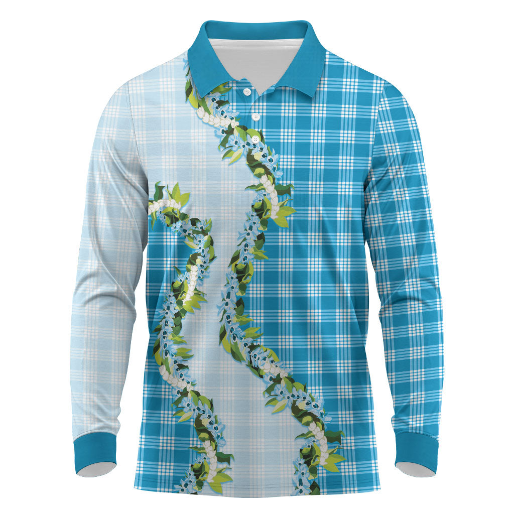 Blue Hawaii Palaka Long Sleeve Polo Shirt Maile Pikake Honohono Orchid Lei